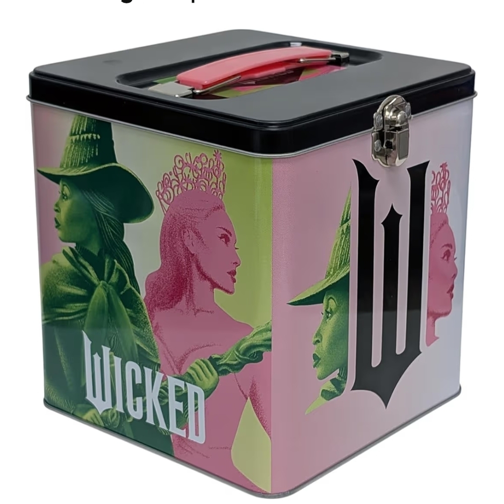 Wicked The Movie Tin Lunch Box Or XL Storage Box with A Pink Handle Secure Latch
